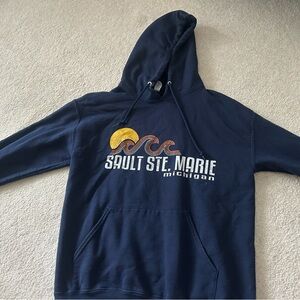 Sault Ste. Marie Michigan Navy Hoodie with Wave Graphic